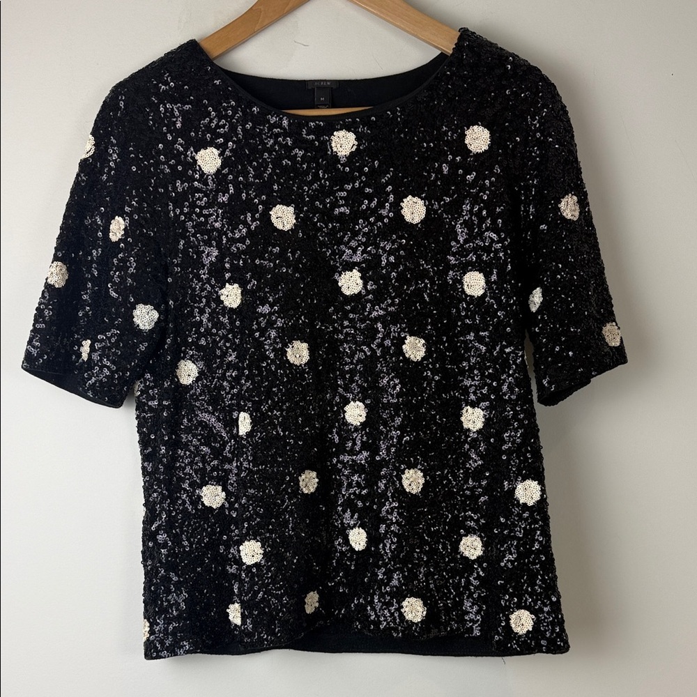 J CREW 28614 Short Sleeve Sequin Embellished Top T-Shirt Polka Dot Tee Black M - Picture 2 of 8